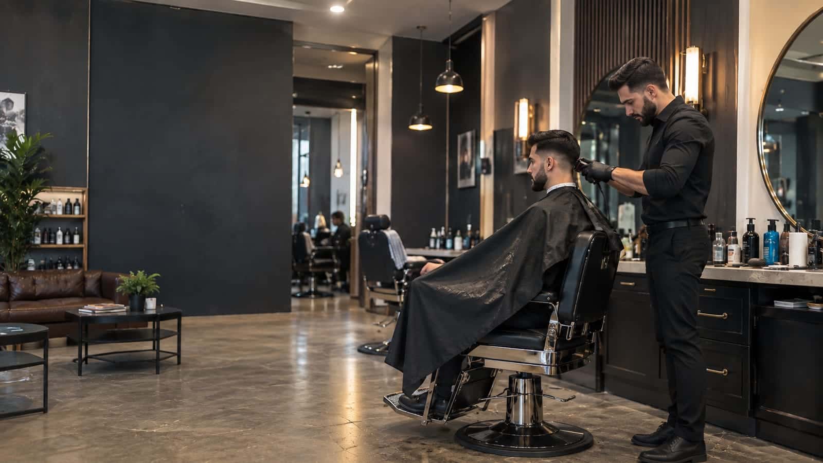 Interior de la barbería: sillón clásico y barbero trabajando bajo luz cálida
